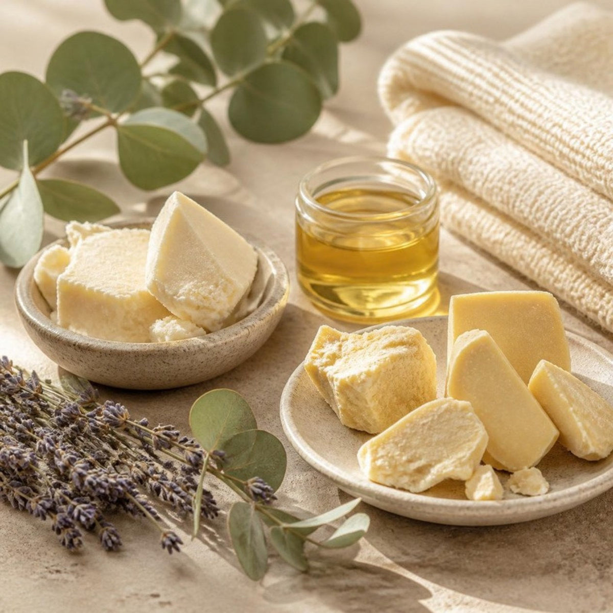 Shea butter, jojoba oil, lavender and eucalyptus
