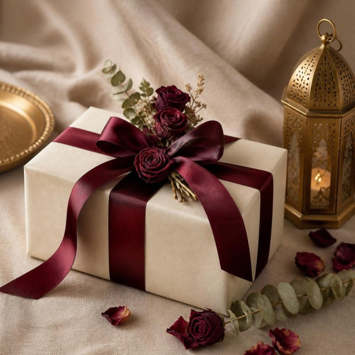 Gift box with maroon ribbon and brass lantern