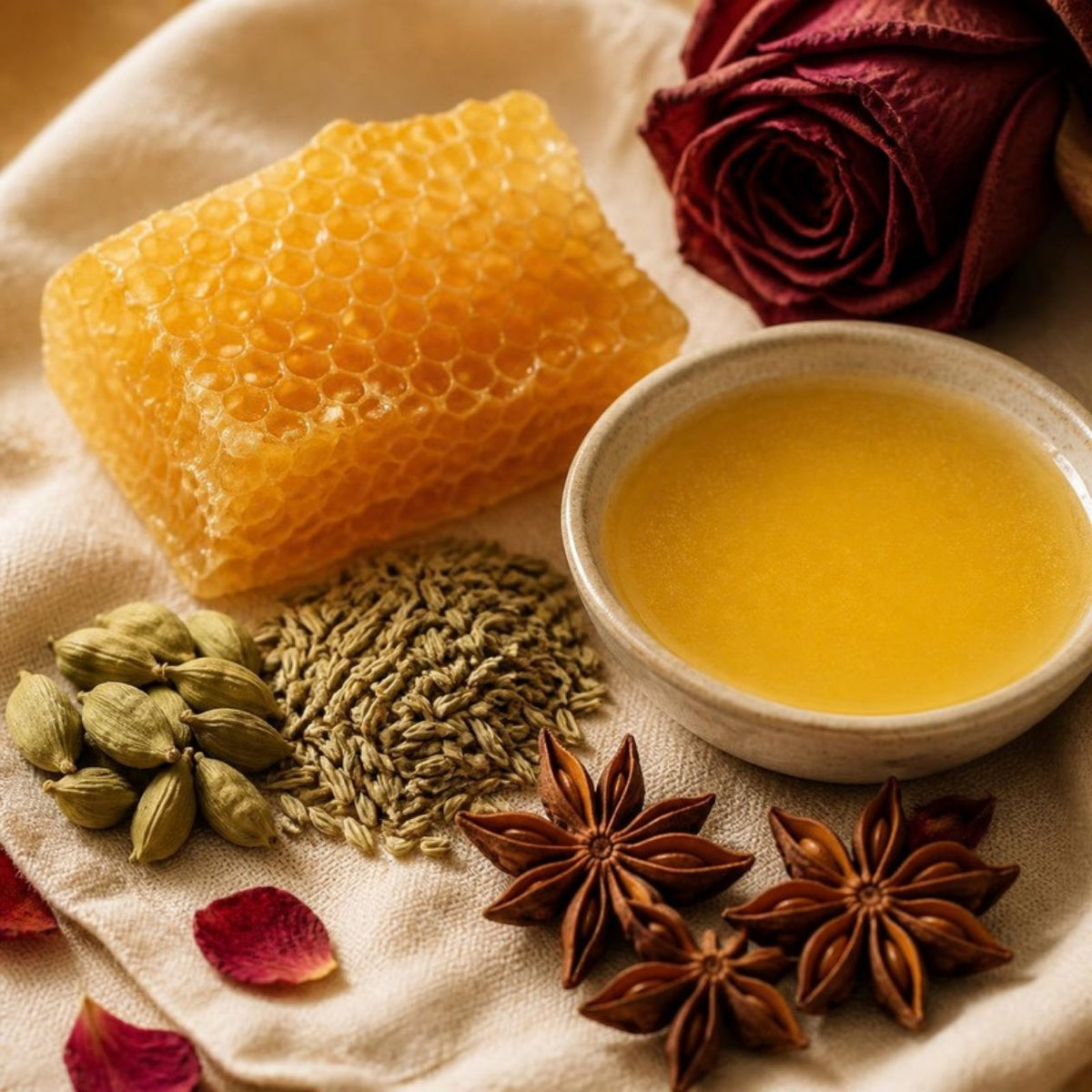 Beeswax honeycomb, cardamom and star anise