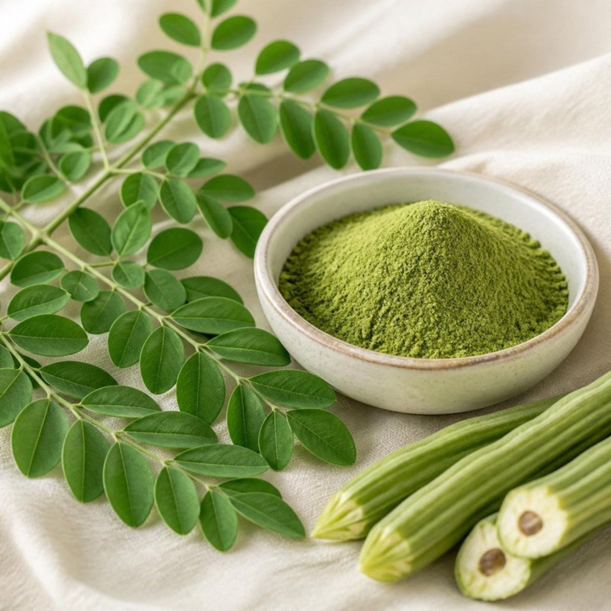 Moringa leaves, powder and pods