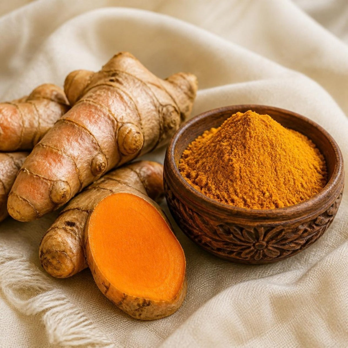 Fresh turmeric root and powder