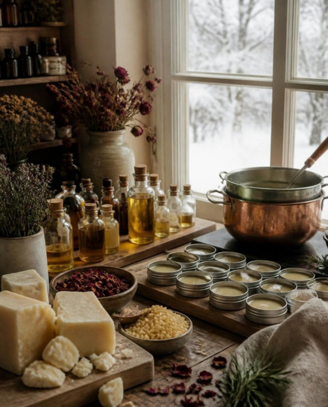 Small-batch handmade skincare workbench in a Minnesota studio